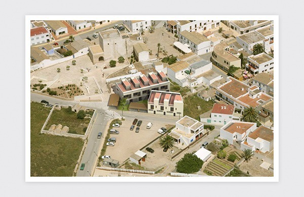 3D Computer graphics urban complex in Balearic Islands (Formentera). Aerial photography.