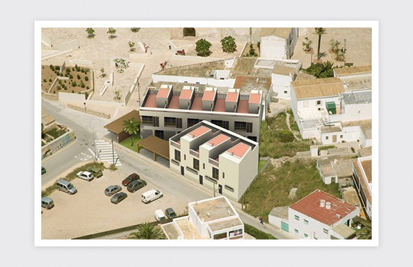 Detail of 3D Computer graphics urban complex in Balearic Islands (Formentera). Aerial photography.