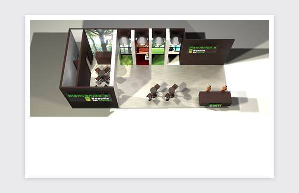 3D computer graphics for trade show stand. Overhead view.