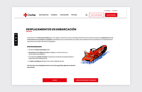 Página de desplazamientos en embarcación de la Guía de Prevención y Seguridad para voluntariado de Cruz Roja Española.