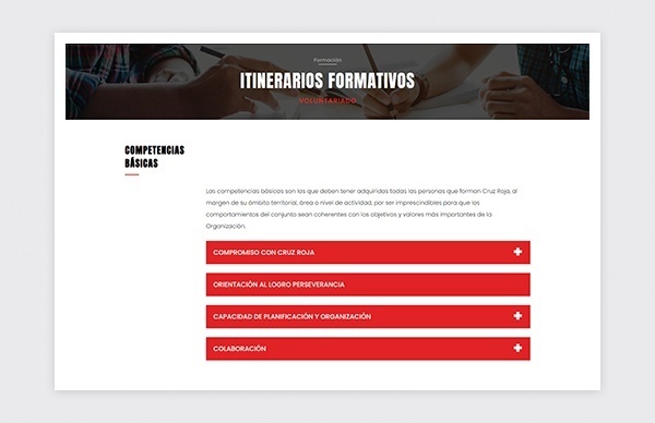 Training itineraries page of the Madrid Red Cross courses website (ZonaCREO)